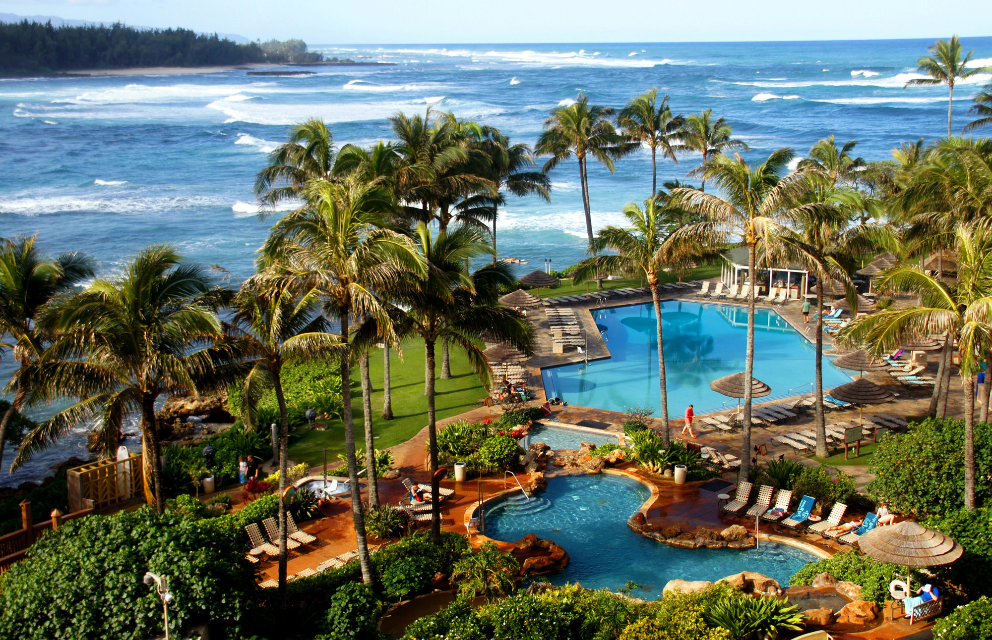 HAWAII, OAHU:  Turtle Bay Resort pools viewed from the 5th floor of the resort.